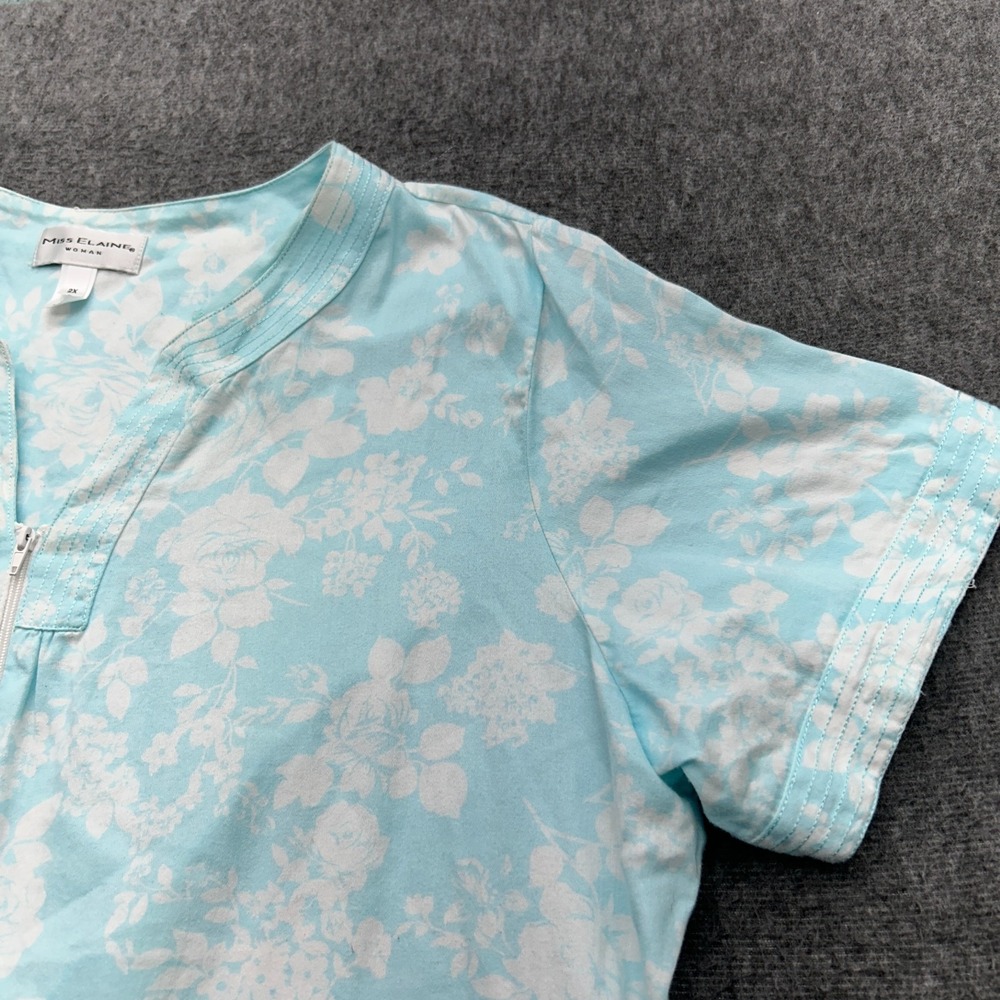 Miss Elaine Nightgown 2X Blue Floral Short Sleeve Gown Knee Length Zip Cotton - Picture 3 of 8